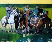 Shan Amrohvi, 26 x 36 inch, Oil on Canvas, Horse Painting, AC-SA-074